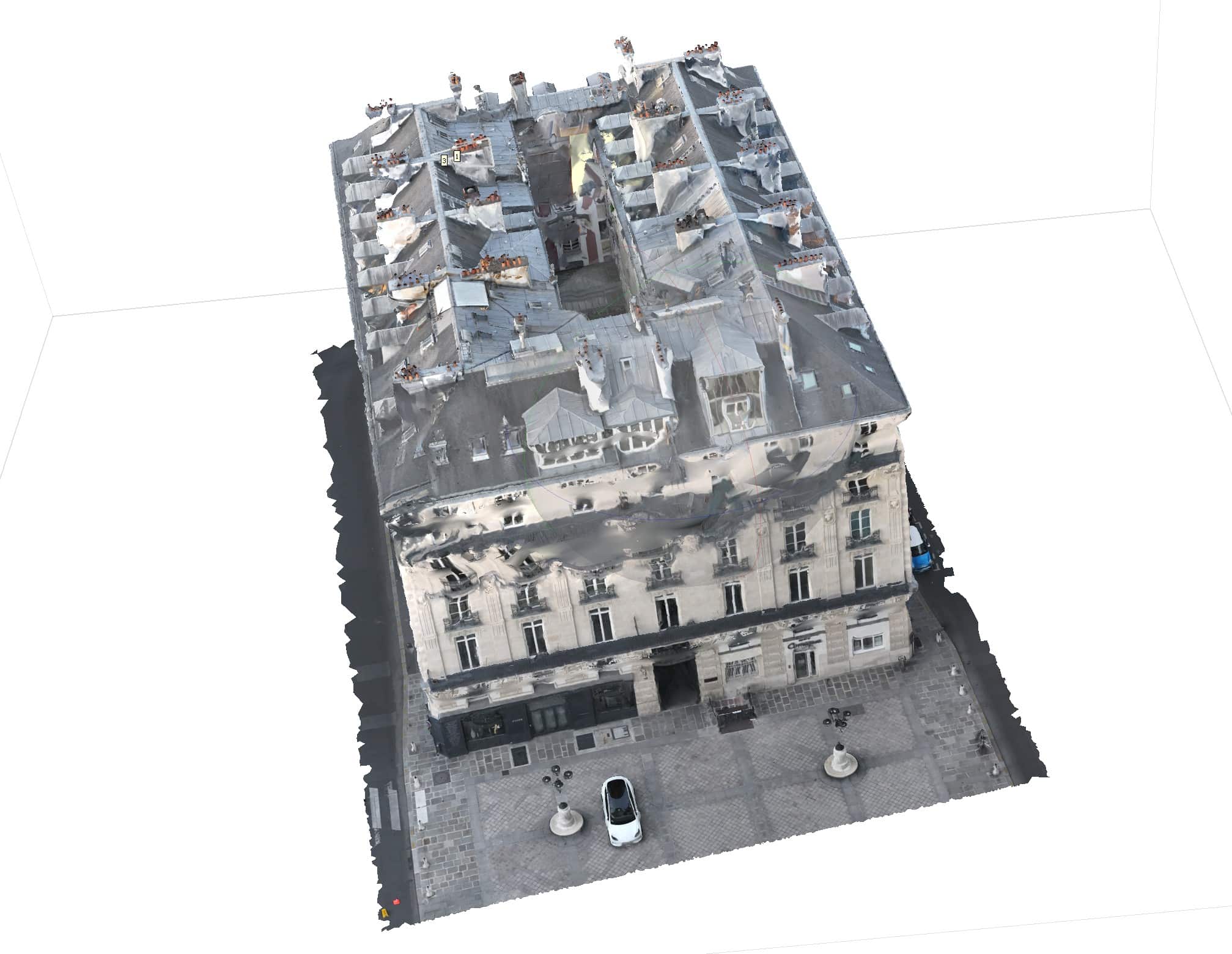 Modèle 3D d’un immeuble parisien réalisé par photogrammétrie drone à proximité de l’Opéra